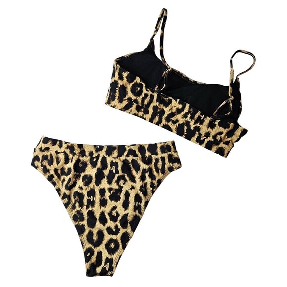 Womens Leopard Print Bikini Set Adjustable Straps & High-Waist Bottoms Size L - Picture 2 of 9